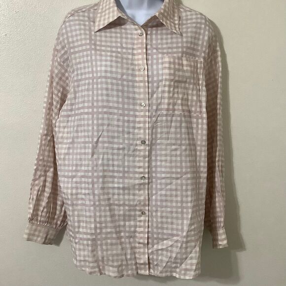 Aura Pink Gingham Preppy Linen Blend Preppycore Clean Girl Button Down Shirt XS - Picture 1 of 11